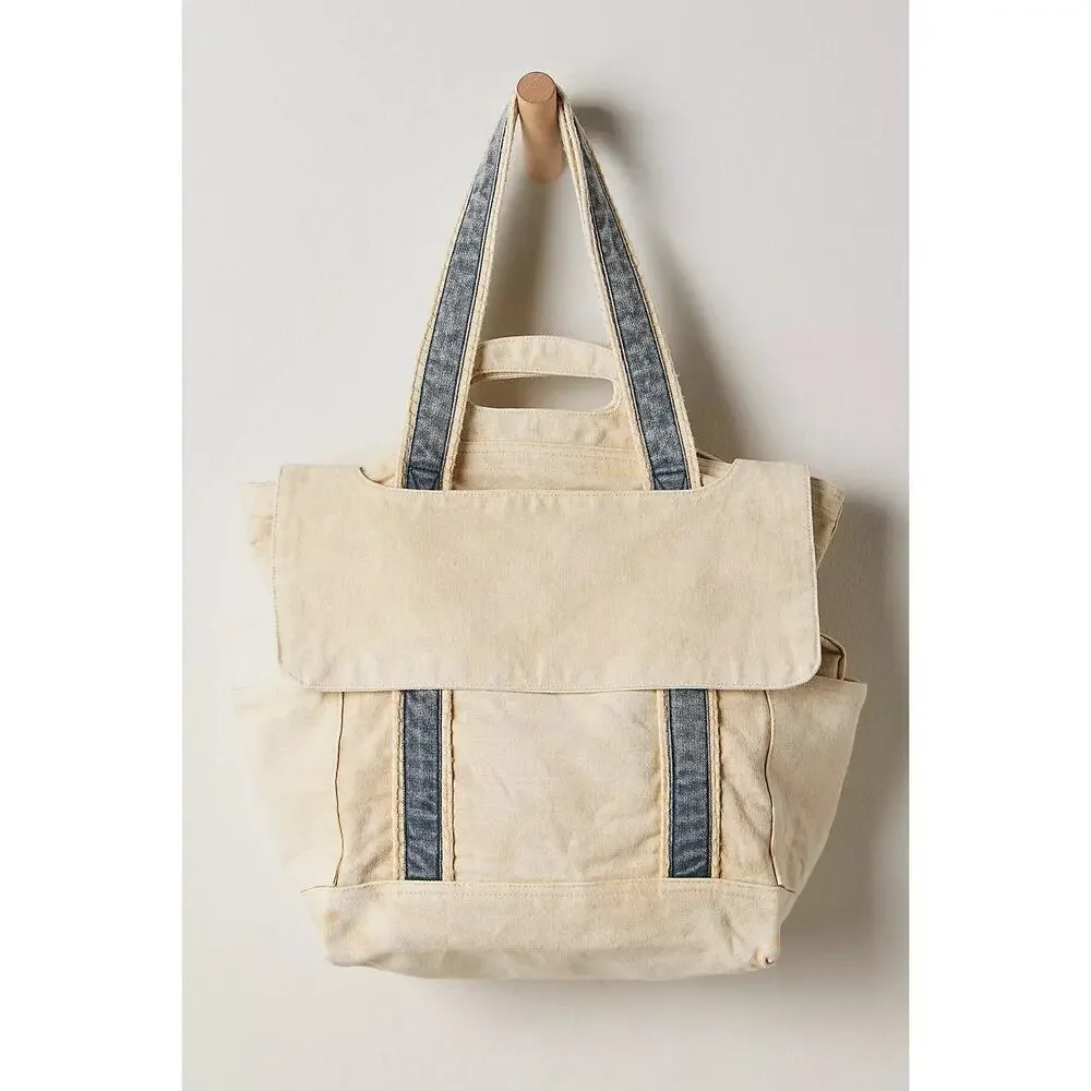 NWT Free People Cordes Canvas Tote Natural Blue Stripe Bag